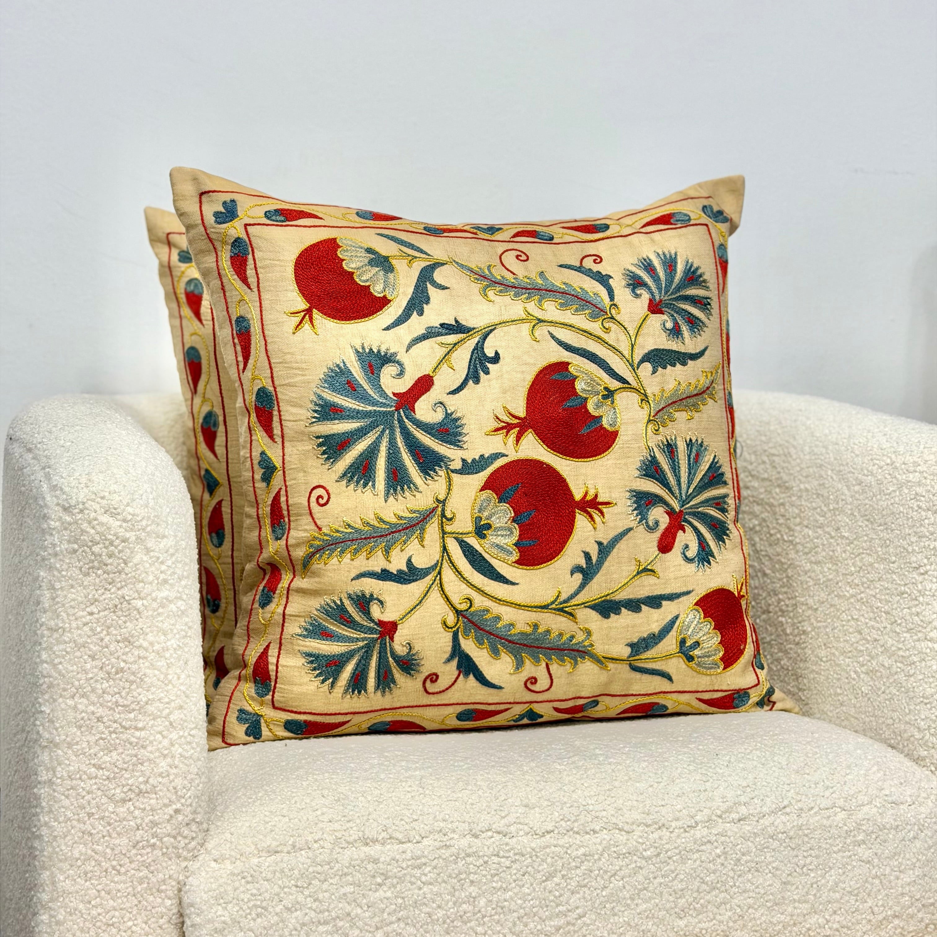 Suzani Pillow Cover - Hand Embroidered Pomegranate Suzani Cushion Pillowcase Cotton Handmade